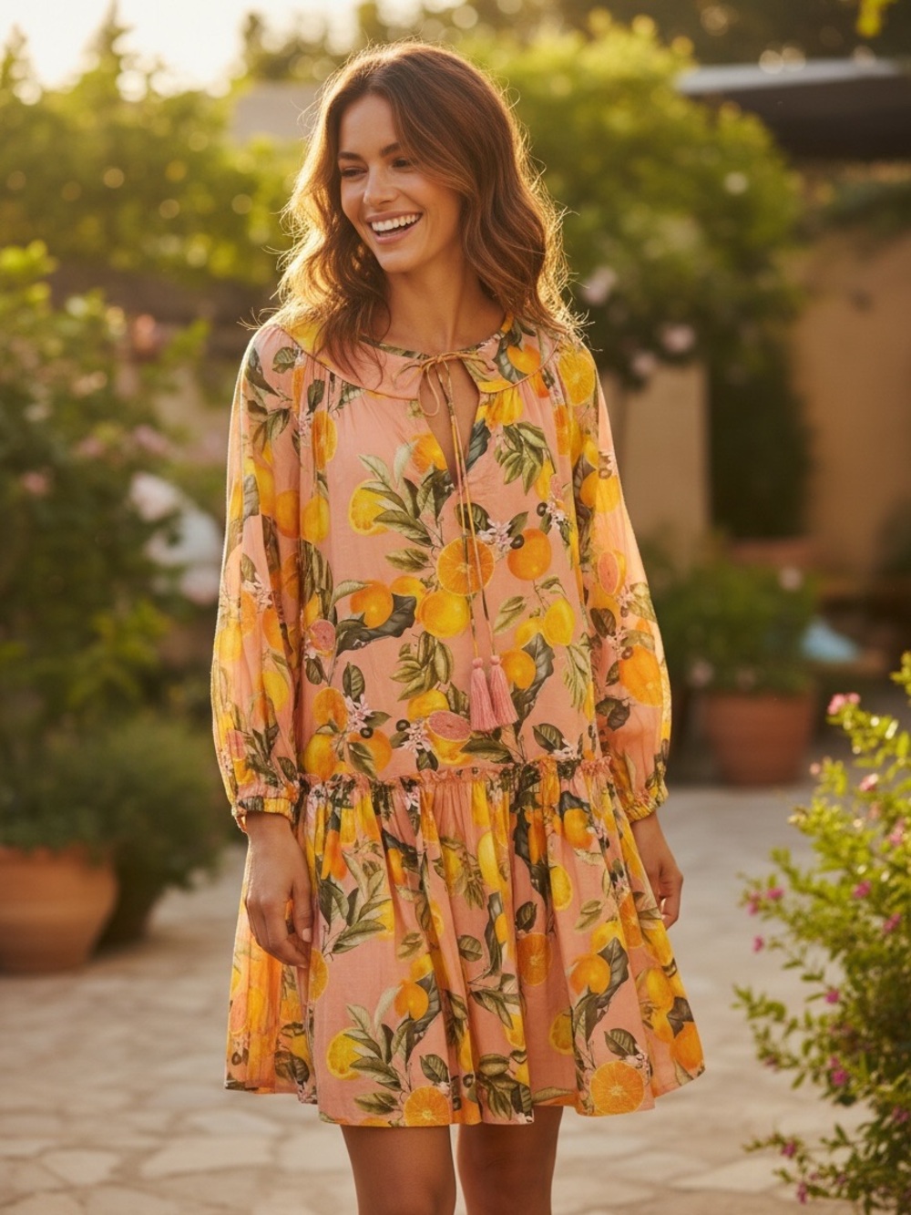 Cara Cara Kavita Long Sleeve Mini Citrus Fruit Print Dress Women Small